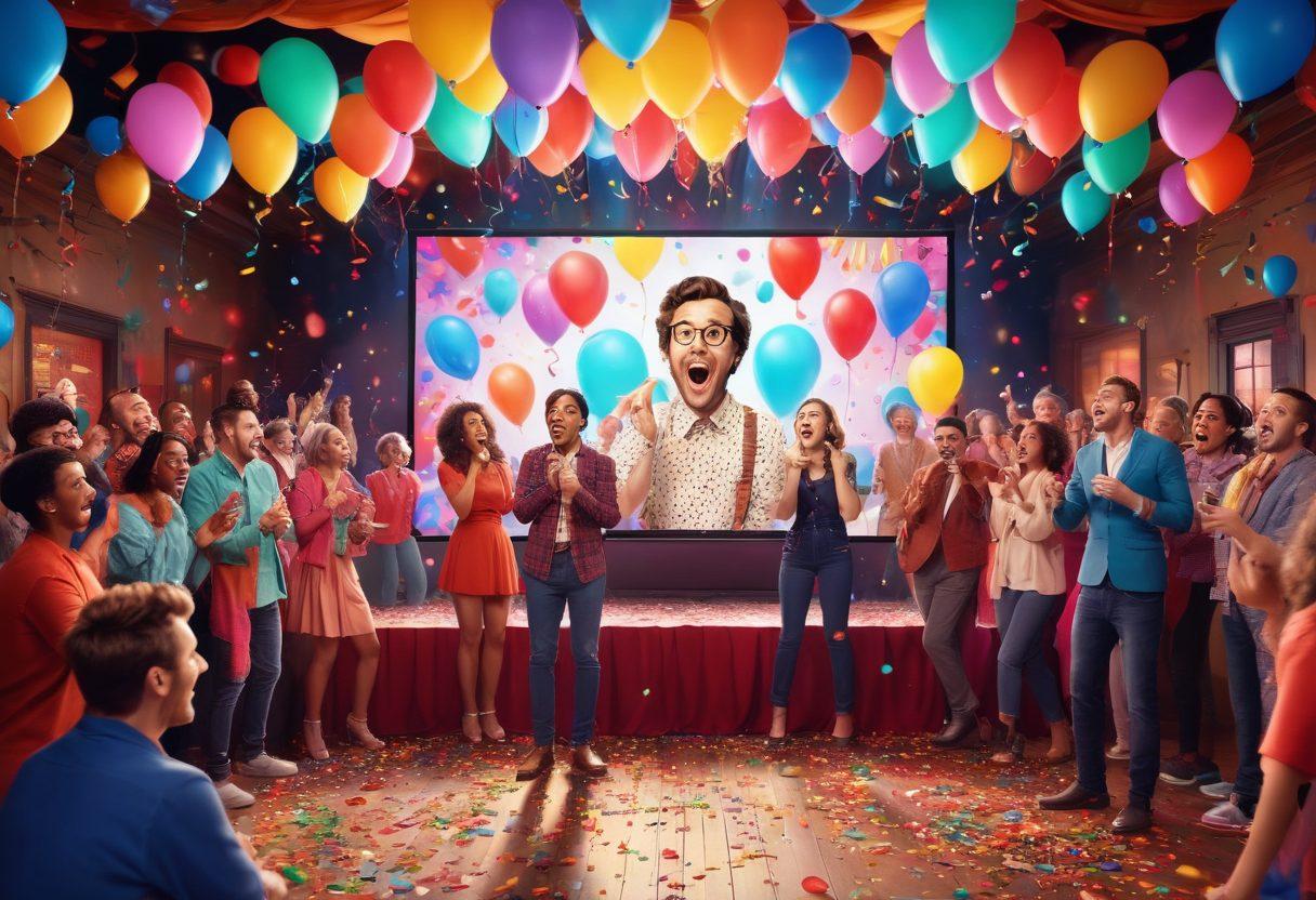 A whimsical scene showing a lively comedy stage with a diverse group of comedians performing, vibrant lights illuminating their joyful expressions. In the background, a large television screen displays original programming clips, while an audience bursts with laughter and happiness. Add playful elements like colorful balloons and confetti to enhance the festive atmosphere. cartoonish style. vibrant colors. 3D elements.