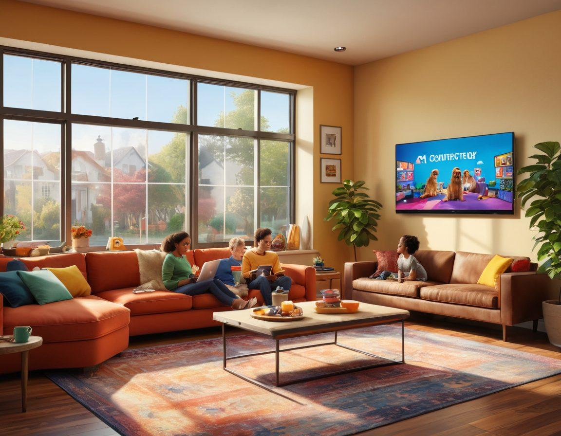 A warm, inviting living room scene featuring a diverse family joyfully interacting with various digital devices, showcasing vibrant screens displaying colorful on-demand content. The room is filled with laughter, snacks scattered around, and a playful dog. Sunlight streaming through large windows enhances the cozy atmosphere, emphasizing family engagement. super-realistic. vibrant colors. cozy setting.